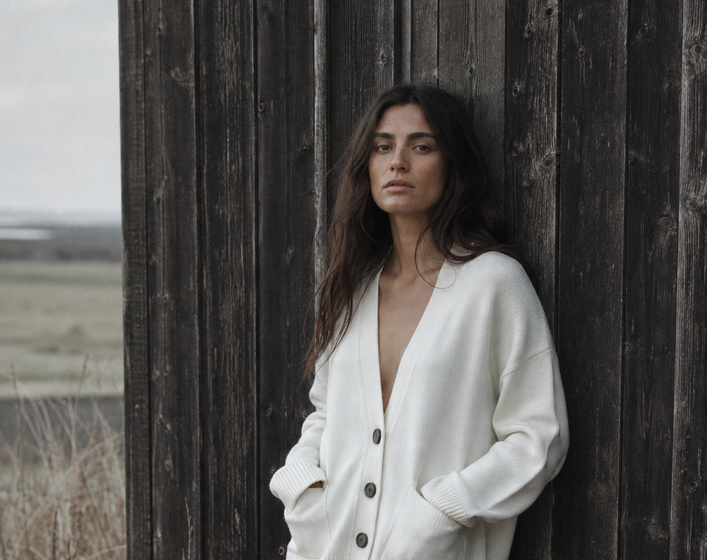 Woman wearing a white cardigan over a black top against a wooden wall.